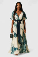 Artisanal Watercolor V-Neck Belted Dress
