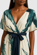 Artisanal Watercolor V-Neck Belted Dress