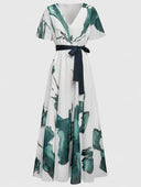 Artisanal Watercolor V-Neck Belted Dress